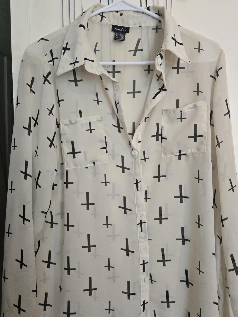 Rue21 Cream Sheer Button-Up with Black Cross Print, Sz Lg, Vintage 2011
